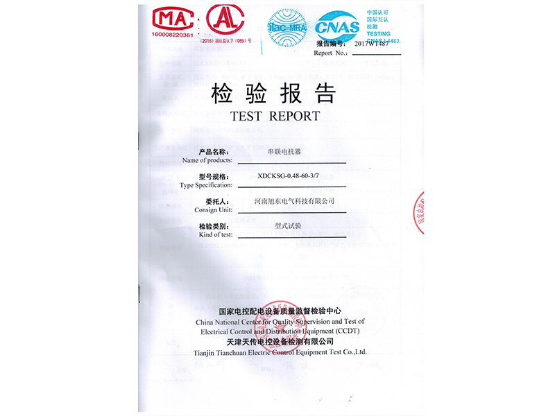 XDCKSG串(chuan)聯(lian)電(dian)抗器(qi)檢驗(yan)報告(gao)